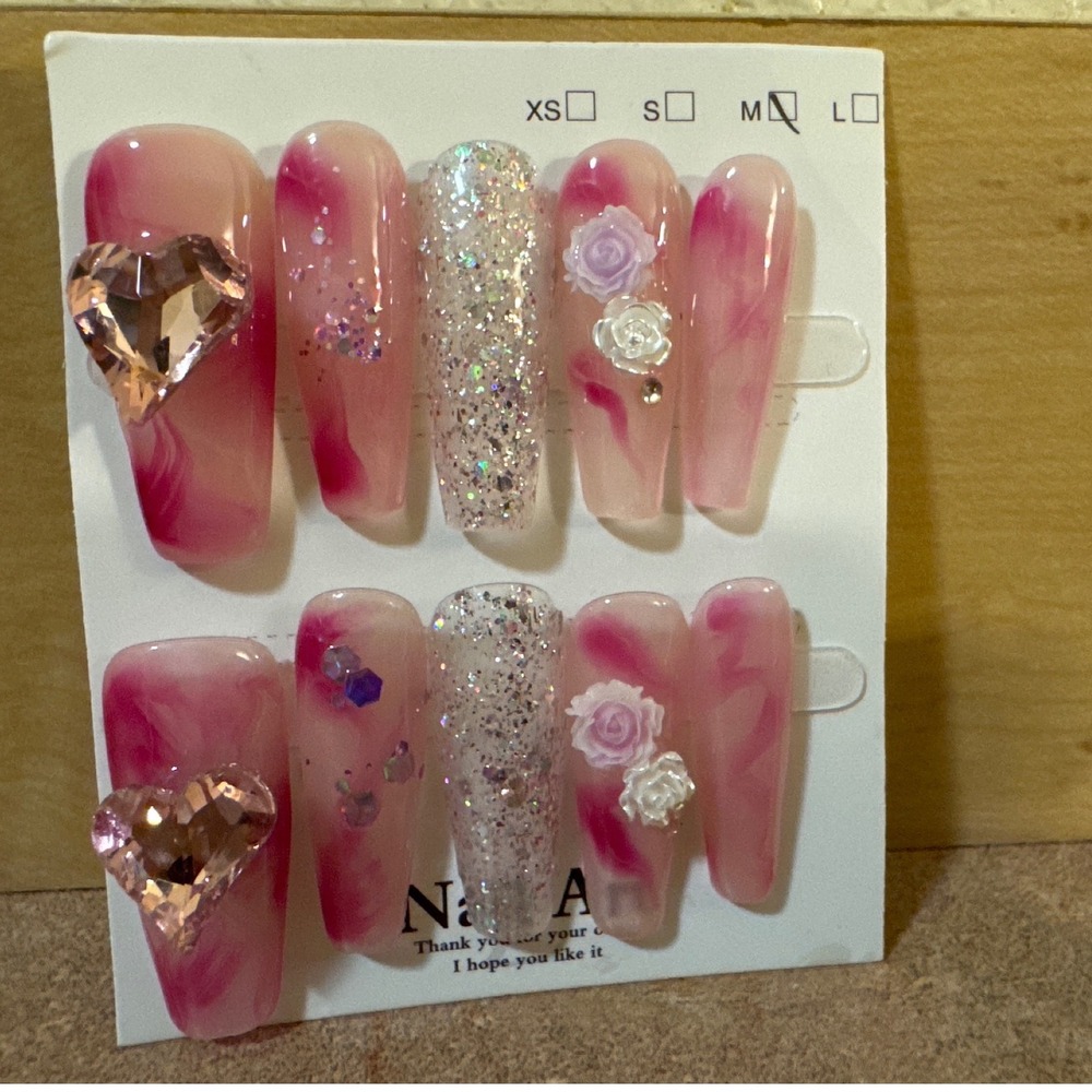 Pink Marble 3D Press On Nails Medium Coffin Heart Rose Glitter Accents 10pc Set